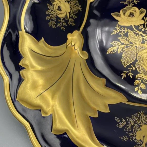Vintage Jetta Cobalt Blue Gold Leaf Round Platter Bowl w/stand WEIMAR PORCELAIN - Picture 3 of 11